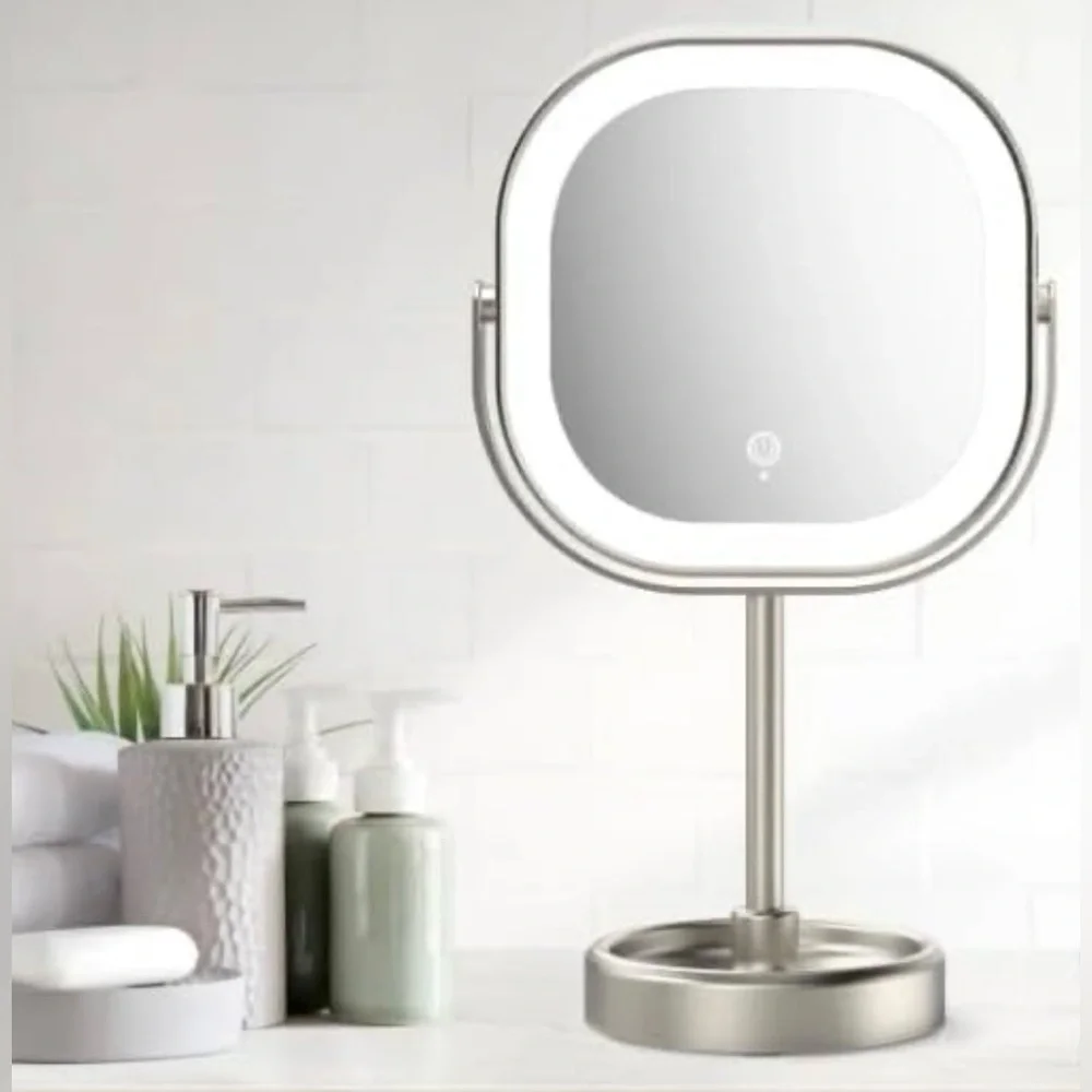 LED Vanity Mirror with Stand 3 Light Settings, 360° Rotation Brushed Nickel